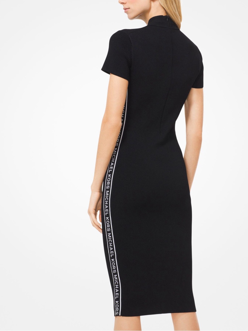 Michael Kors Black Ribbed Logo-Trim Midi Dress